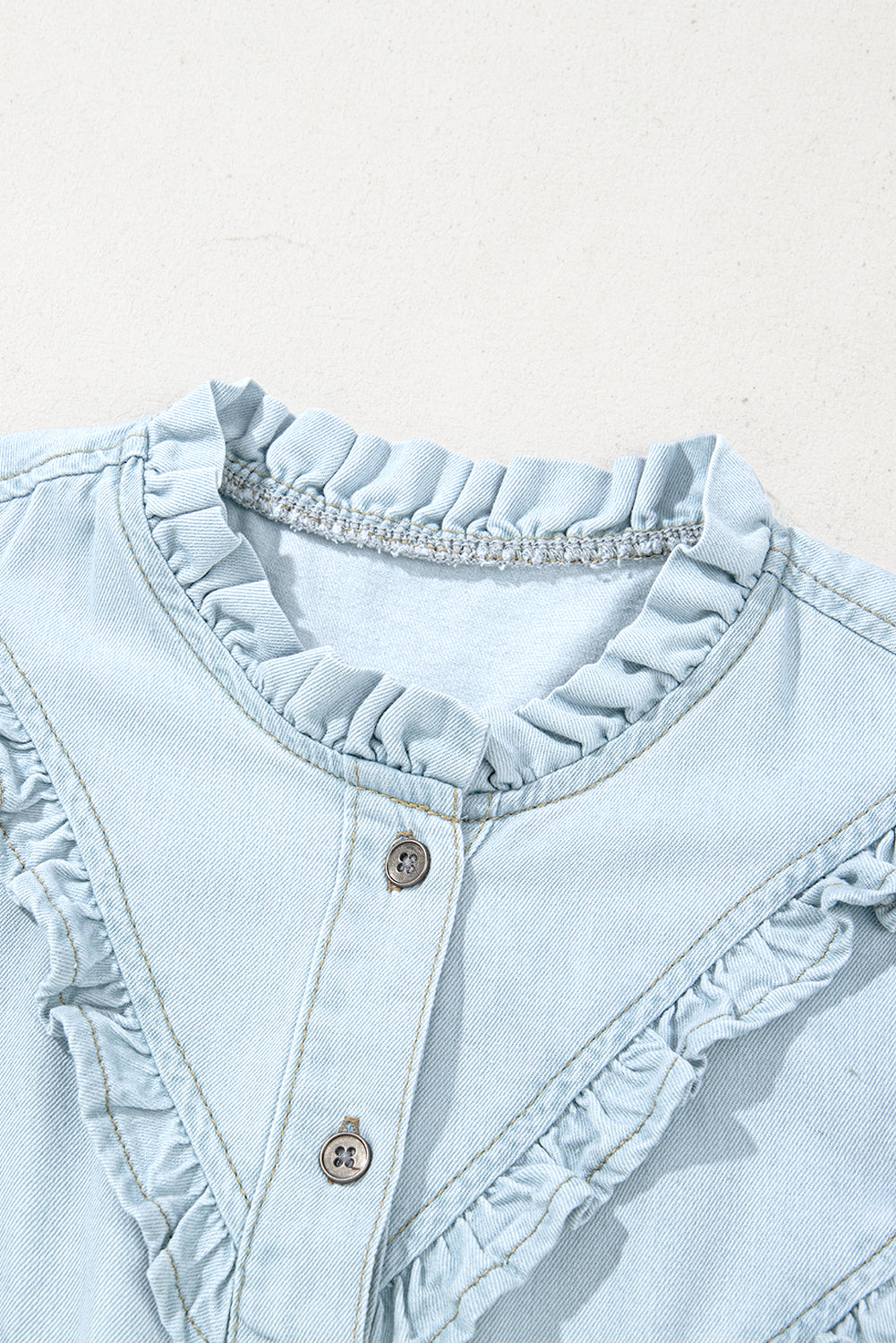 Mineral Wash Cap Sleeve Frilled Button Up Denim Shirt