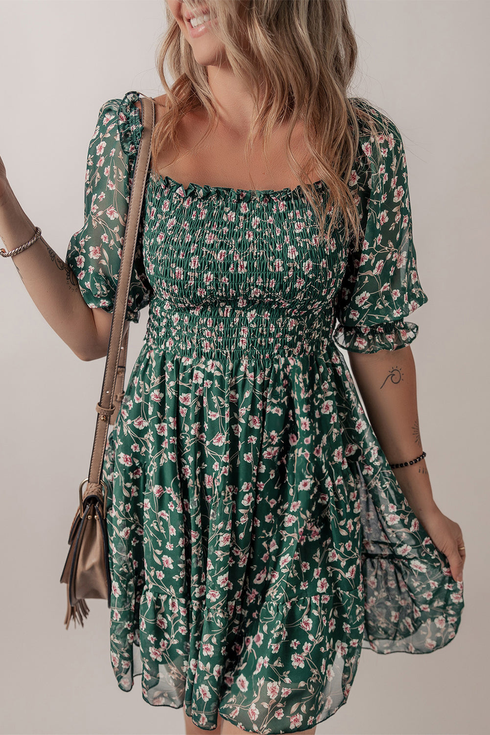 Smocked Square Neck Puff Short Sleeve Floral Dress