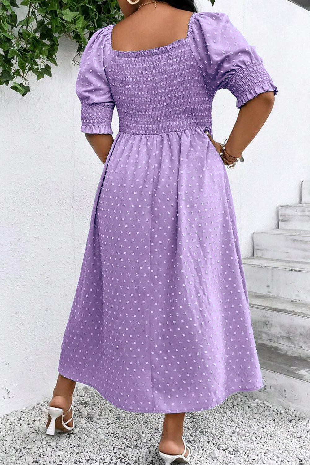 Swiss Dot Smocked Frilled Neckline Short Sleeve Plus Size Dress