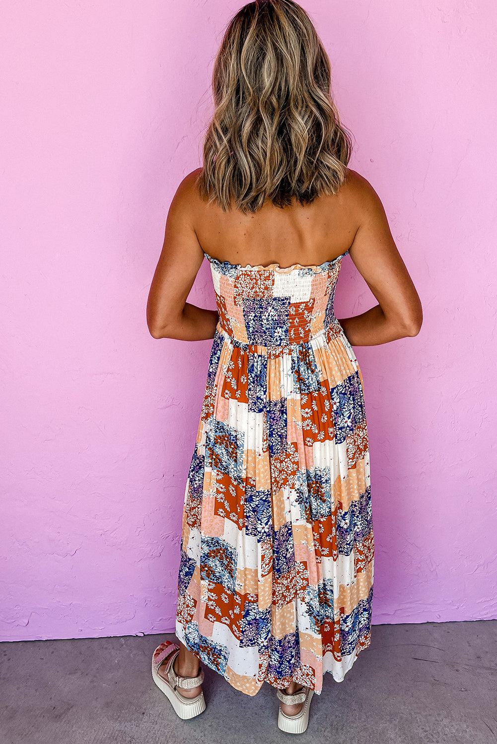 Floral Patchwork Printed Frilled Bandeau Smocked High Waist Long Dress