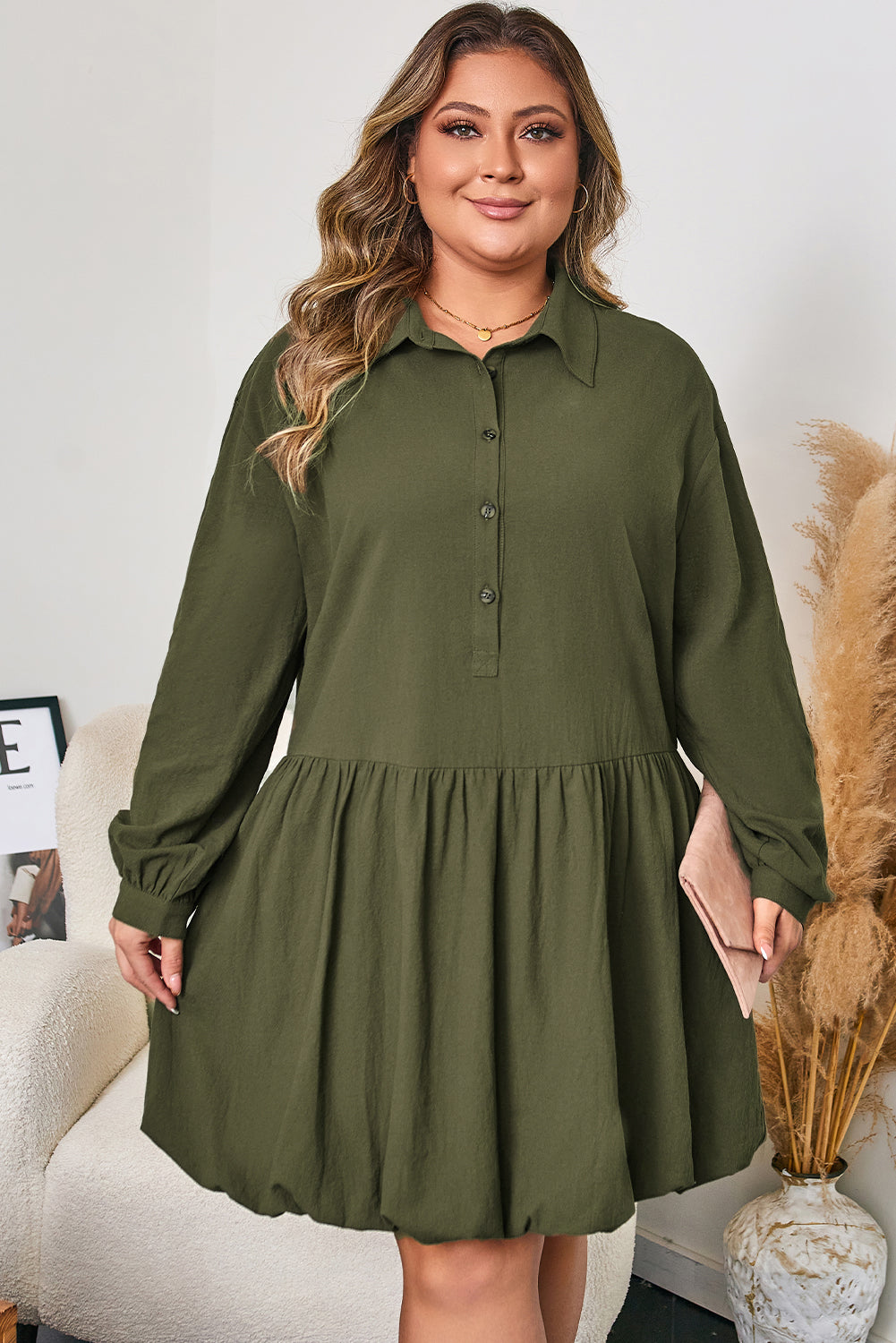Plus Size Collar Half Button Long Sleeve Ruffle Hem Mini Dress