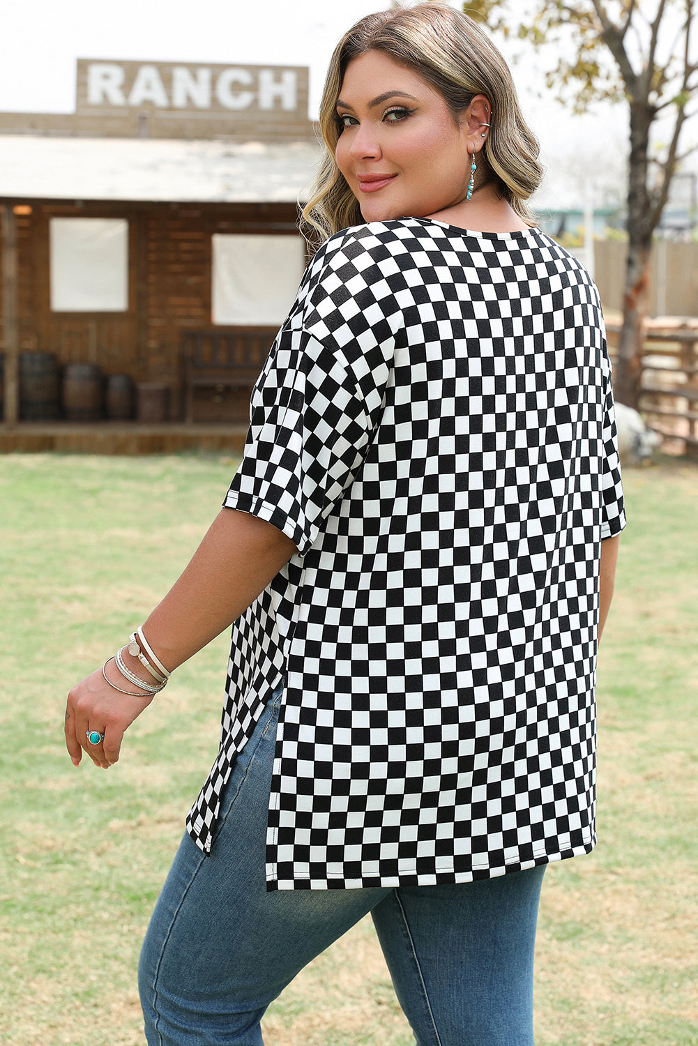 Checkered Print Side Slits O Neck Plus Size T Shirt