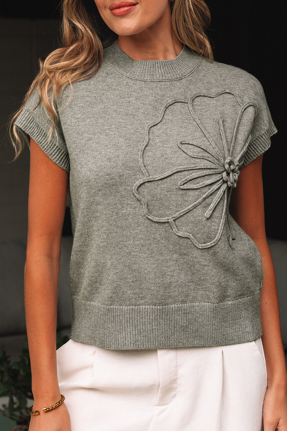 Flower Pattern Ribbed Trim Short Sleeve Boxy Sweater