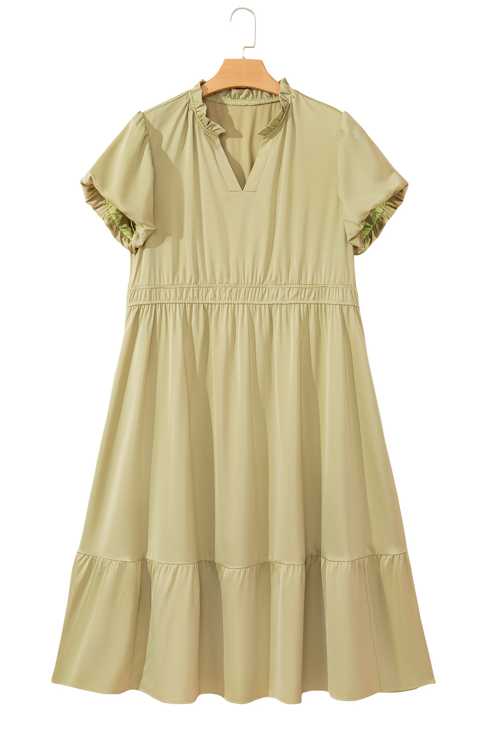Notched V Neck Puff Sleeve Tiered Plus Size Maxi Dress