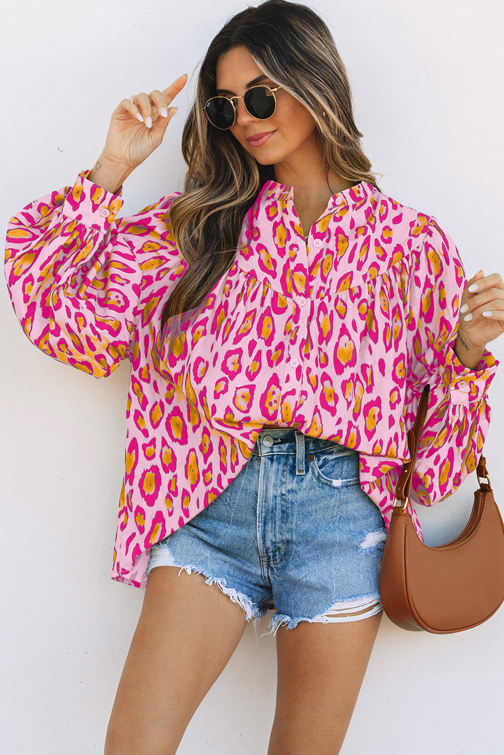 Oversized Leopard Print Balloon Sleeve Casual Shirt