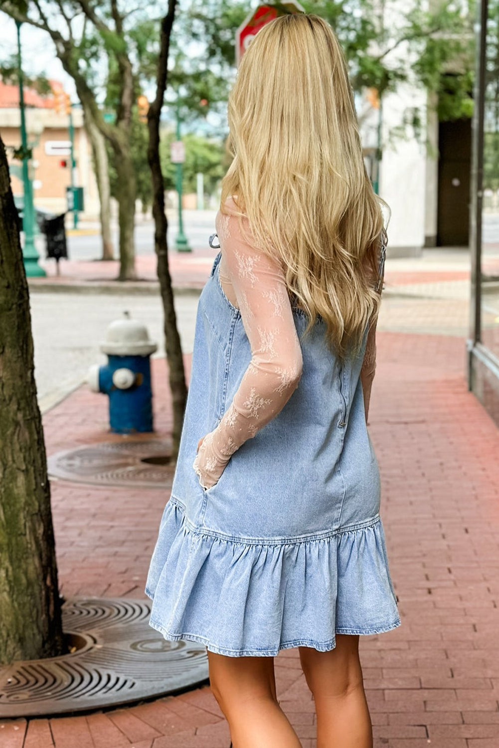 Bow Detail Spaghetti Straps Ruffle Hem Denim Short Dress