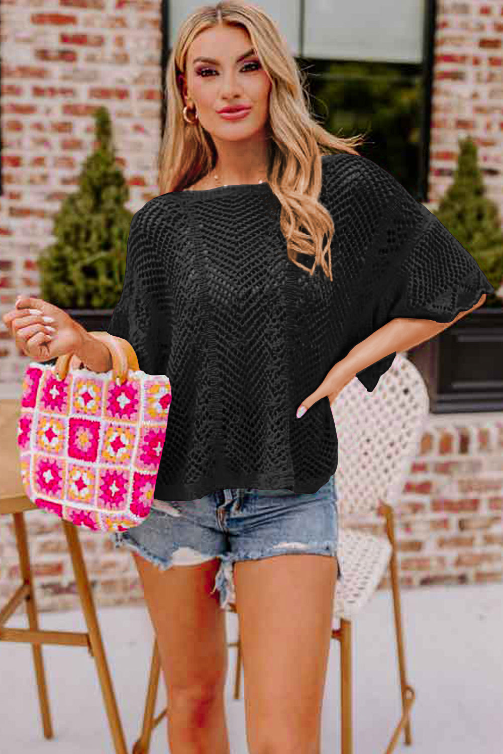 Pointelle Knit Scallop Edge Short Sleeve Top