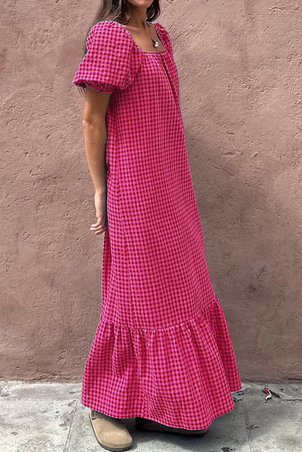 Ginham Check Bubble Sleeve Ruffled Maxi Dress