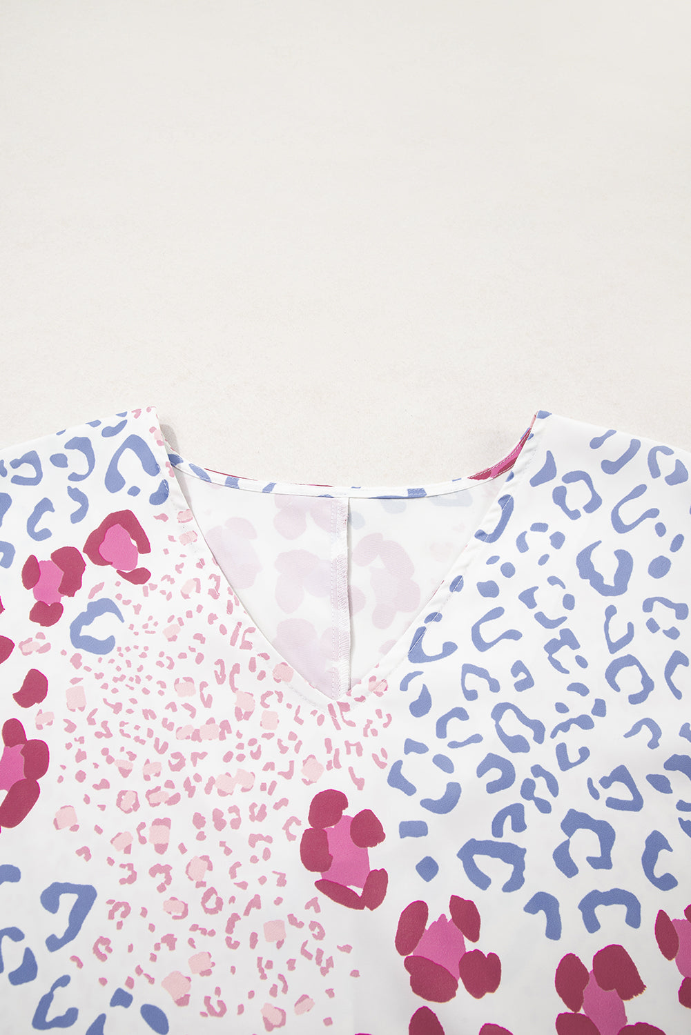 Mixed Leopard Print V Neck Short Sleeve Blouse