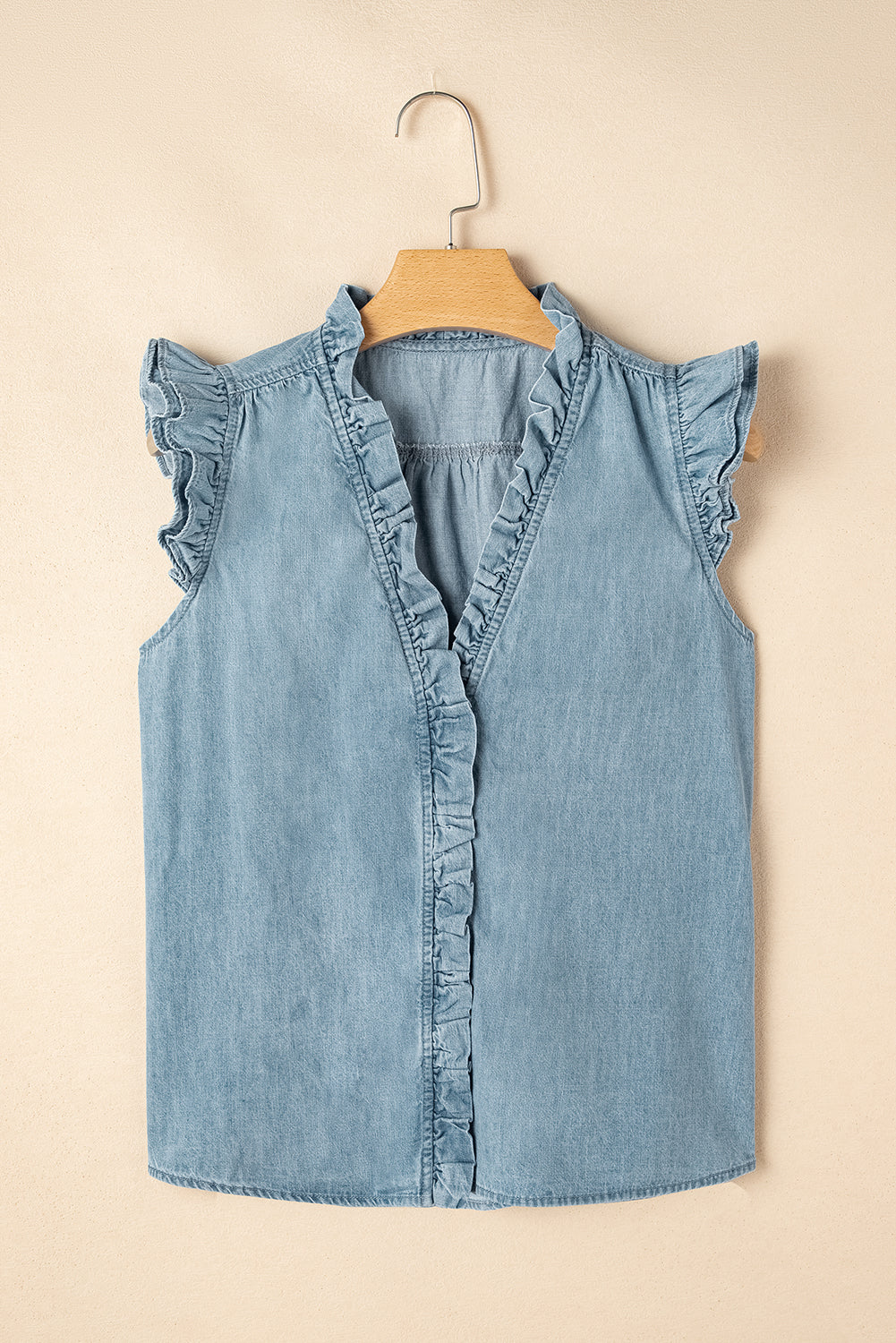 Frilly Ruffle Trim V Neck Chambray Tank Top