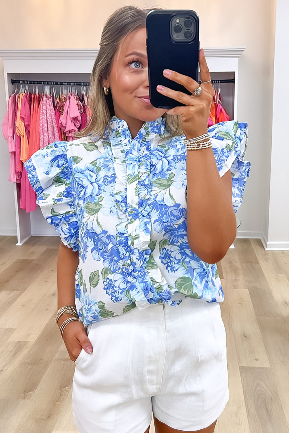 Floral Print Ruffle Sleeve Frilly Button Up Shirt