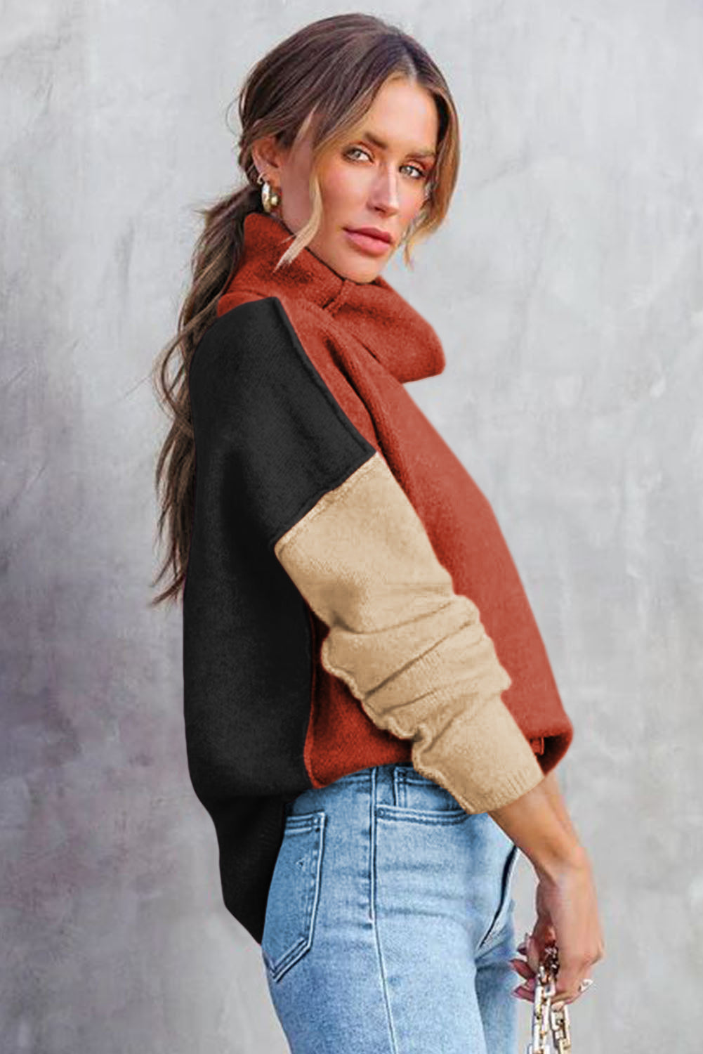 White Color Block Turtle Neck Drop Shoulder Knit Sweater
