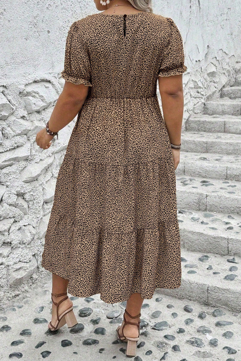 Plus Size Leopard Print Frill Trim Short Sleeve Flared Dress