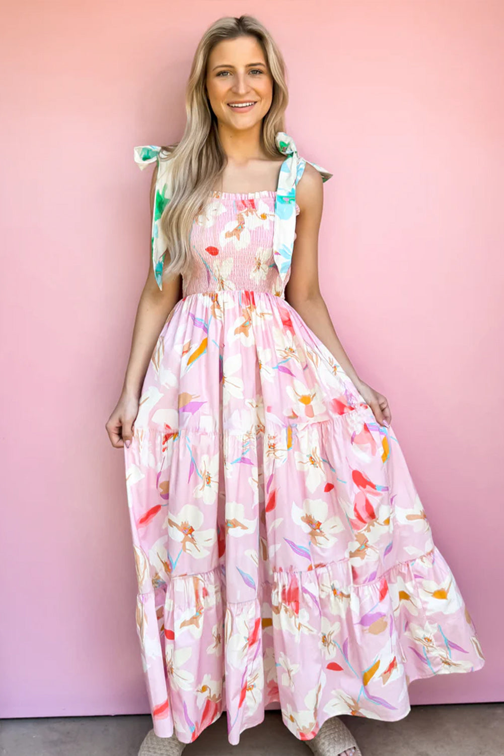 Floral Print Knotted Shoulder Smocked Maxi Dress