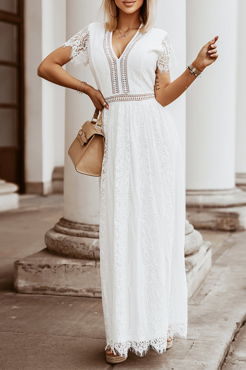 V Neck High Waist Lace Maxi Dress