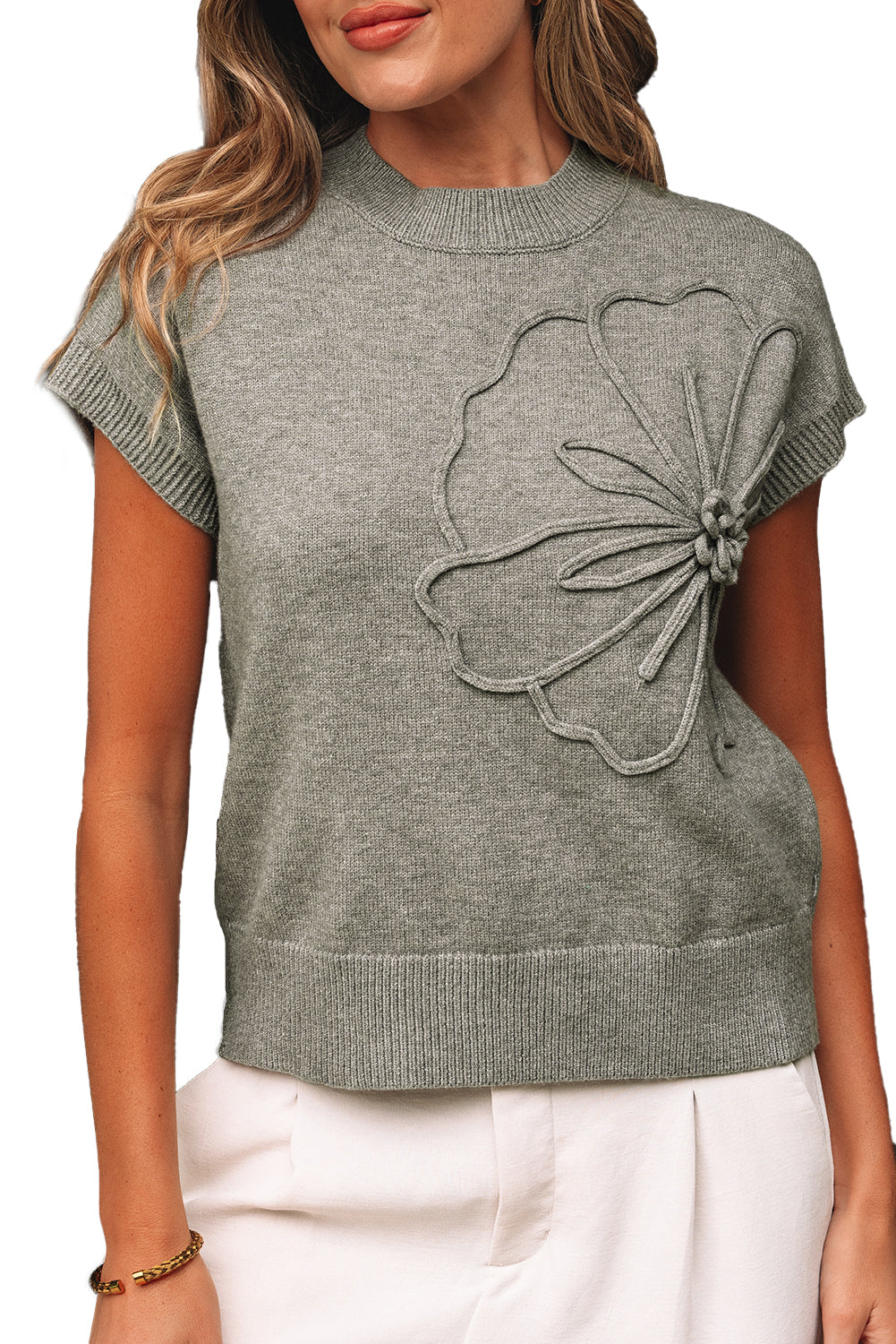 Flower Pattern Ribbed Trim Short Sleeve Boxy Sweater