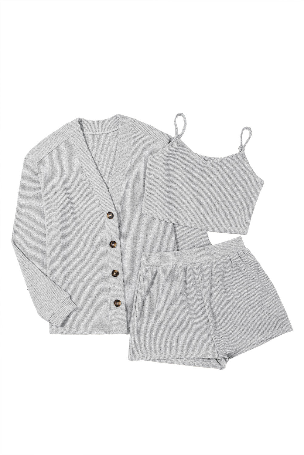 3 Pieces Rib Crop Camisole Matching Shorts Lounge Set with Cardigan