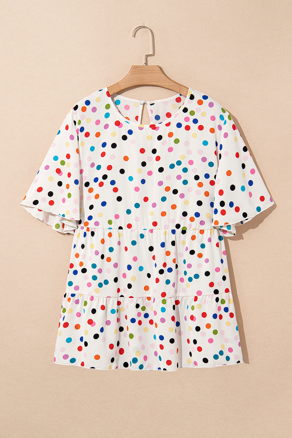 Colorful Polka Dot Print Short Sleeve Ruffled Plus Size Babydoll Blouse