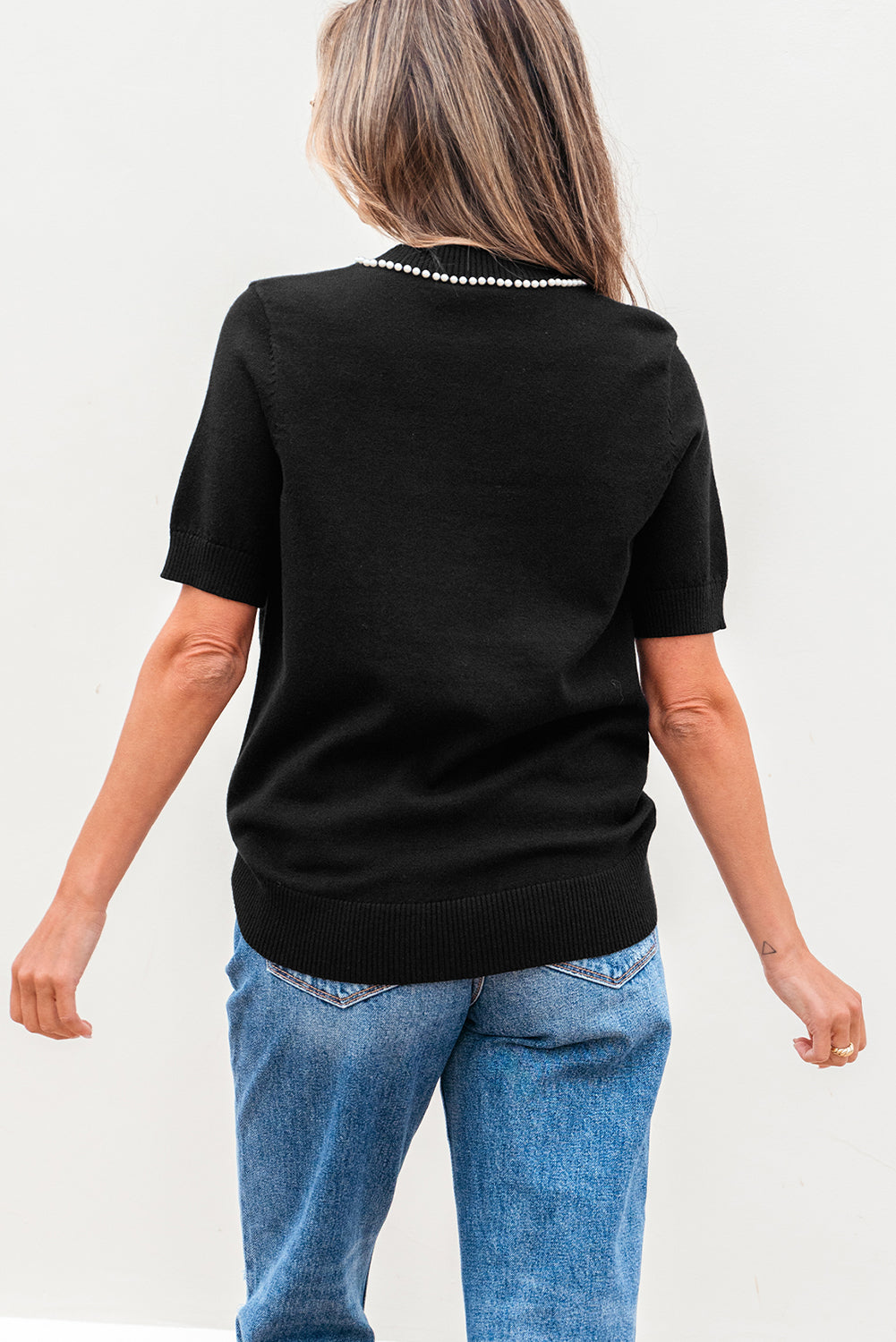 Pearl Bow Necklace Embellished Short Sleeve Knitted T Shirt
