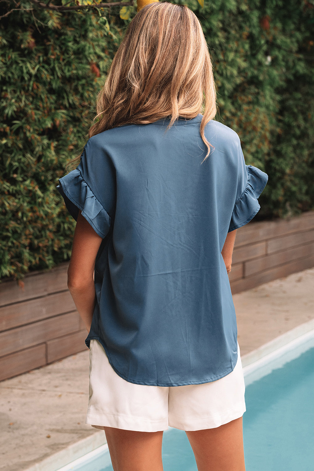 Solid Color Ruffle Ruched Short Sleeve Buttoned Shirt