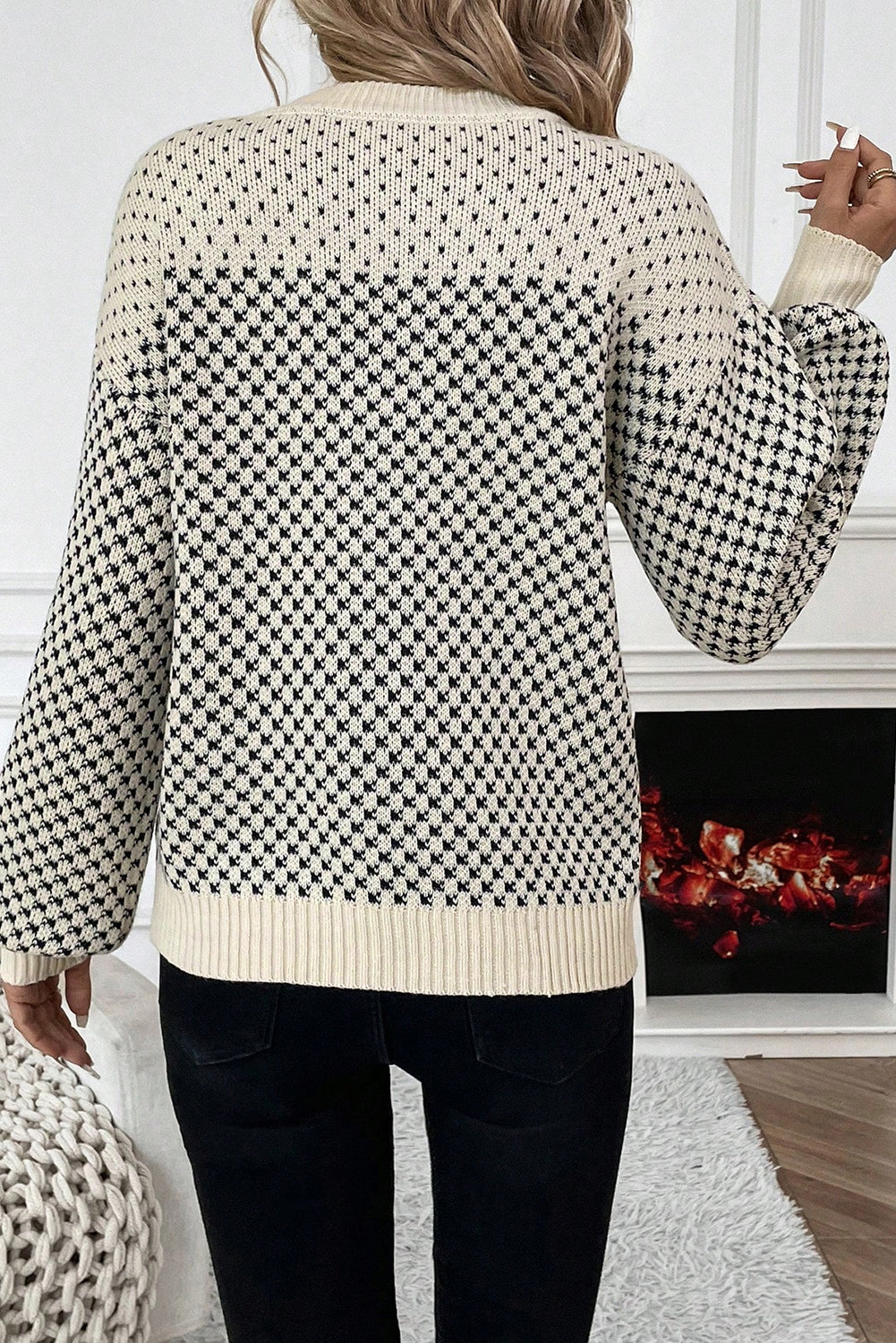 Contrast Color Pattern Lantern Sleeve Sweater