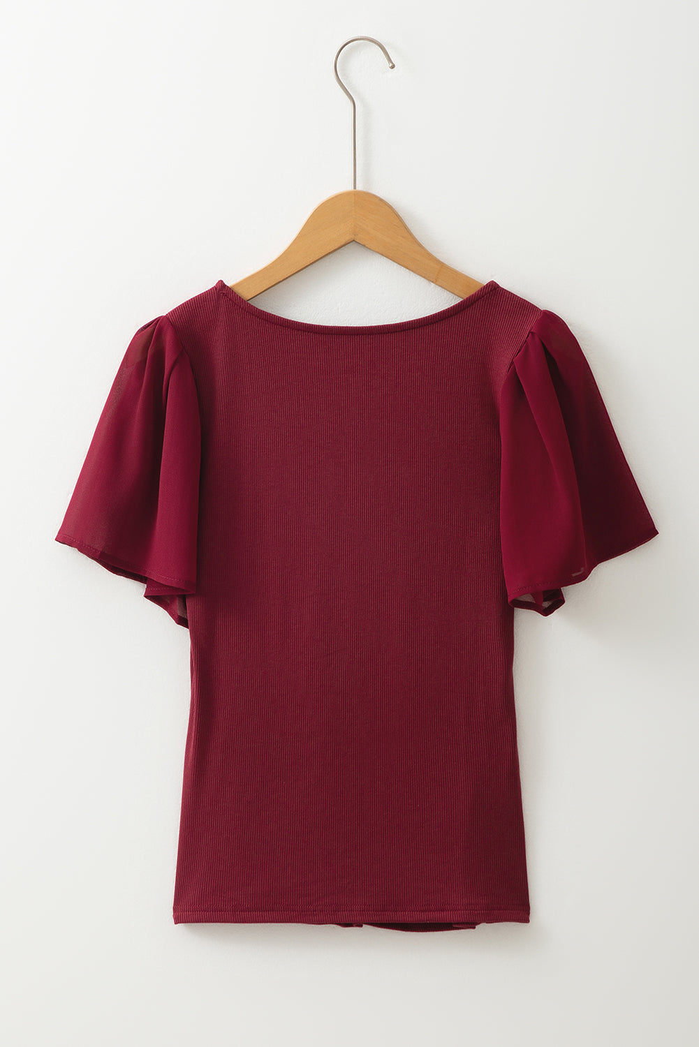 Mesh Ruffled Sleeve Slim Fit V Neck Top
