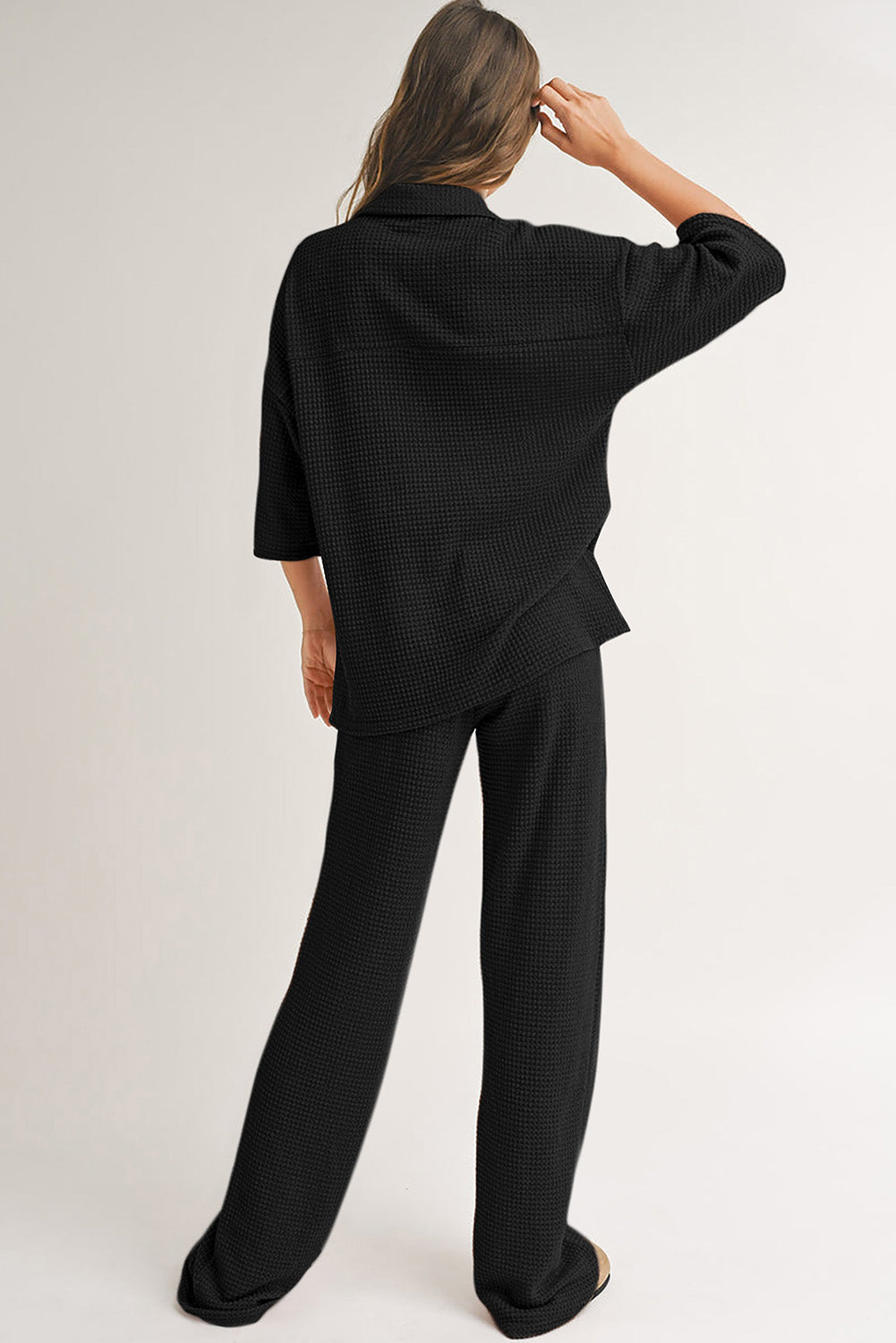 Solid Color Textured Buttoned Shirt and Casual Pants Set
