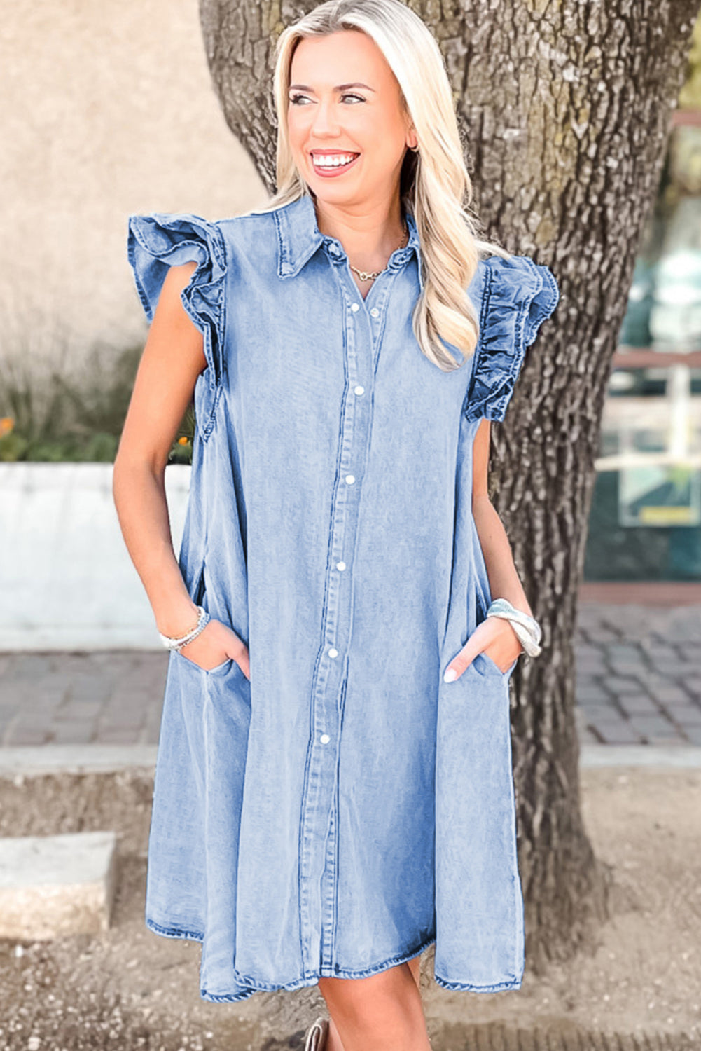 Double Ruffled Sleeves Buttoned A-line Collared Mini Denim Dress