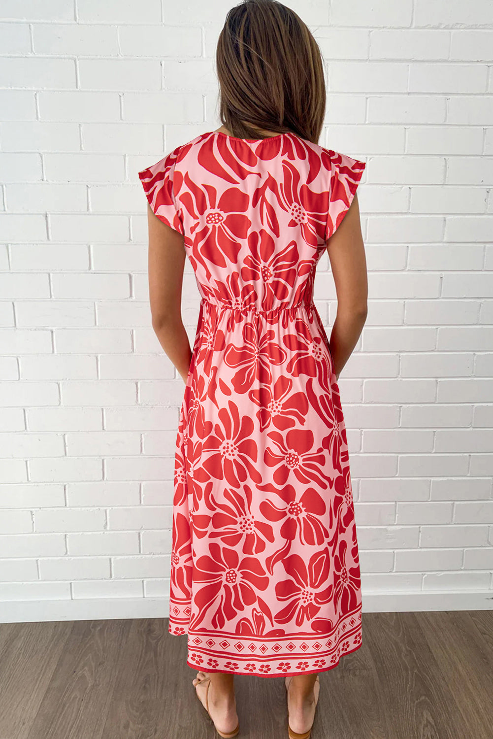 Boho Floral Short Sleeve V Neck Buttoned Shirred Waist Long Dress