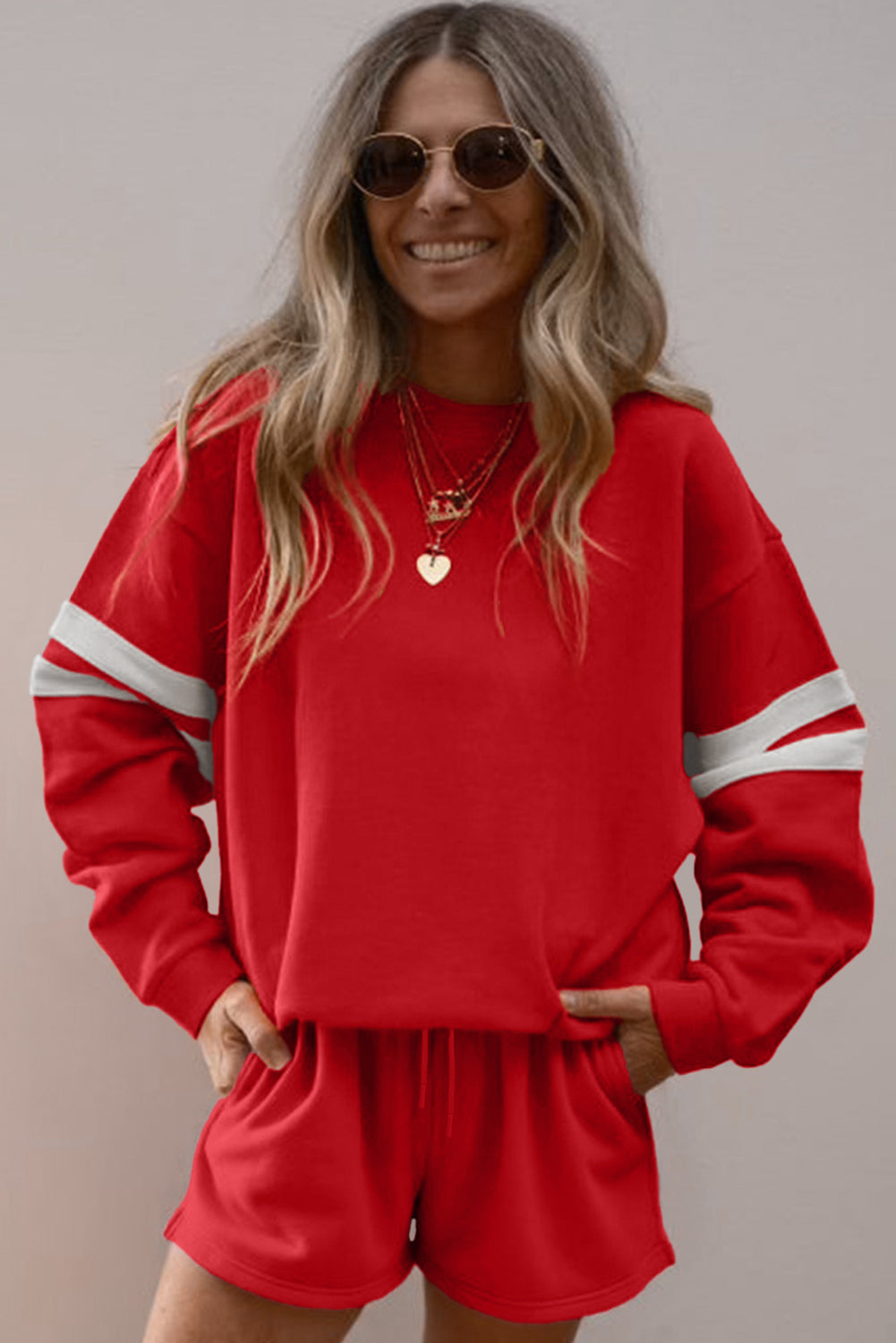 Varsity Striped Sleeve Drop Shoulder Sweatshirt and Short Set