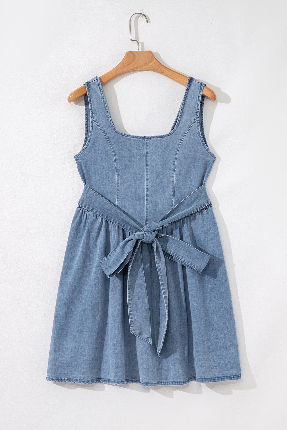 Square Neck Bowknot A-line Sleeveless Denim Dress