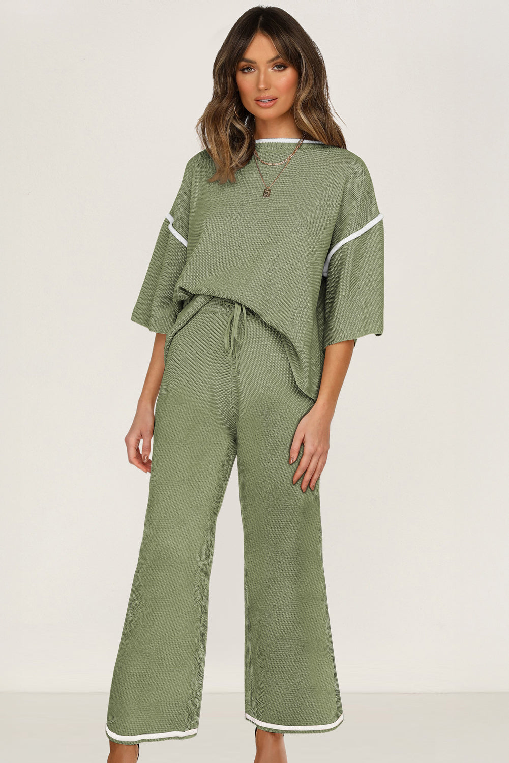Contrast Trim Half Sleeve Top Drawstring Pants Loose 2pcs Sweater Suit