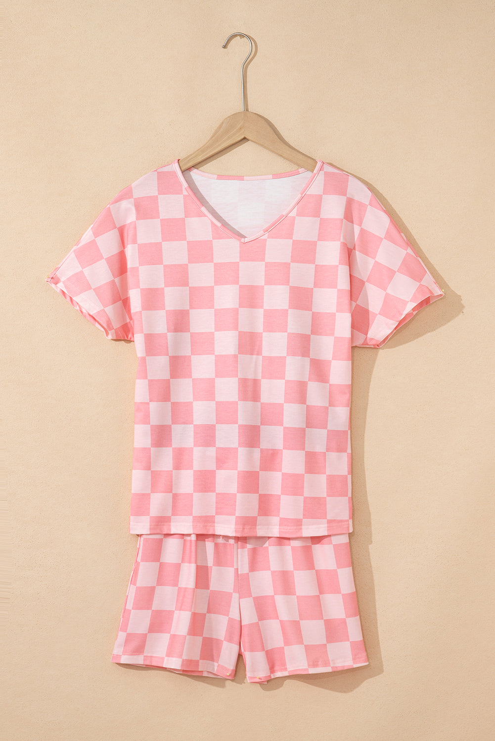 Checkered V Neck Tee Drawstring Shorts Lounge Set