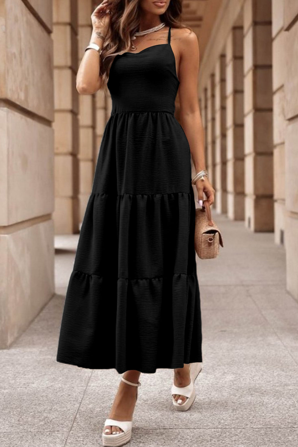 Crossover Backless Bodice Tiered Maxi Dress