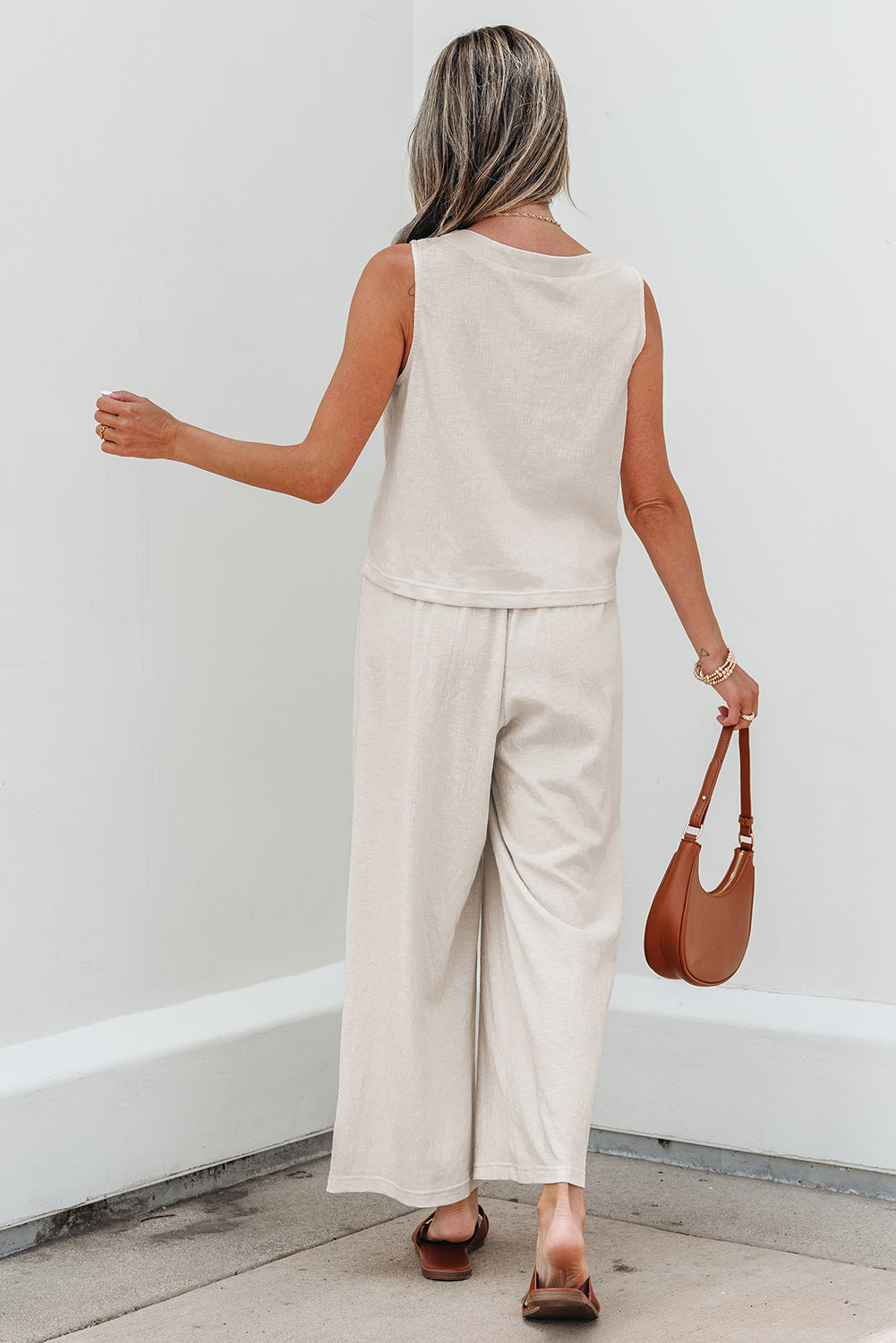 Buttoned V Neck Tank Top and Wide Leg Pants Casual Outfit