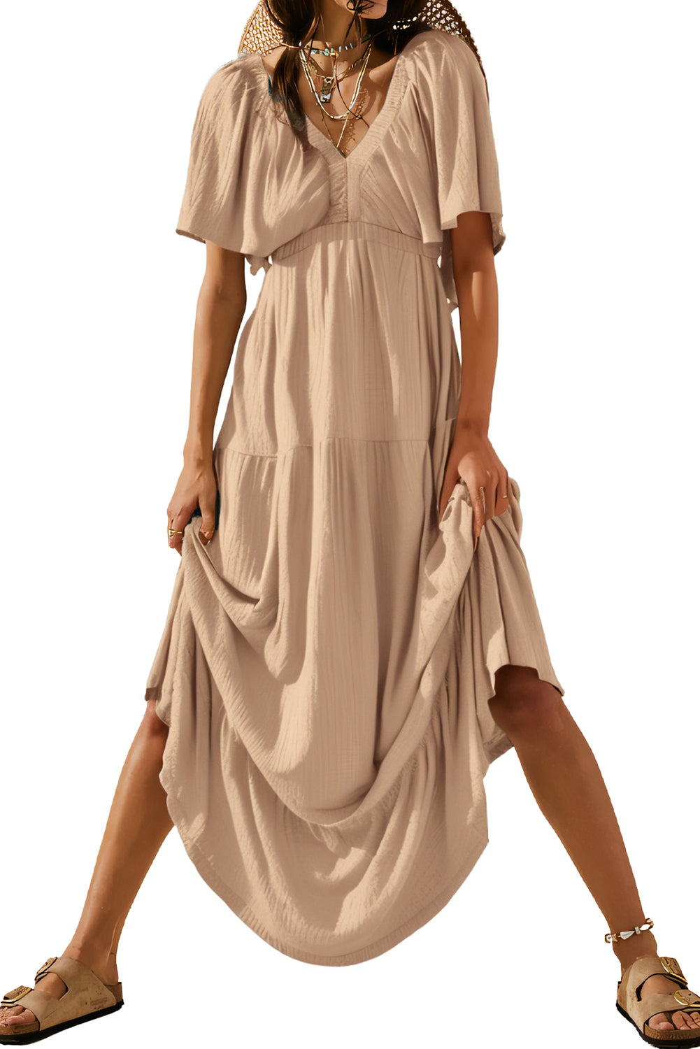 Textured V Neck Flutter Sleeve Ruffled Maxi Dress