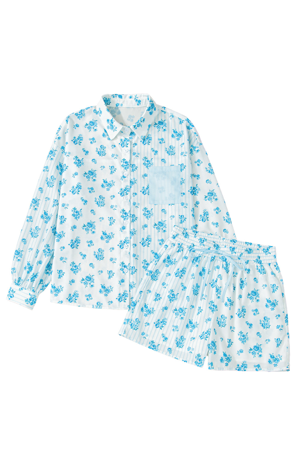 Floral Striped Print Contrast Patched Pocket Shirt and Shorts Set