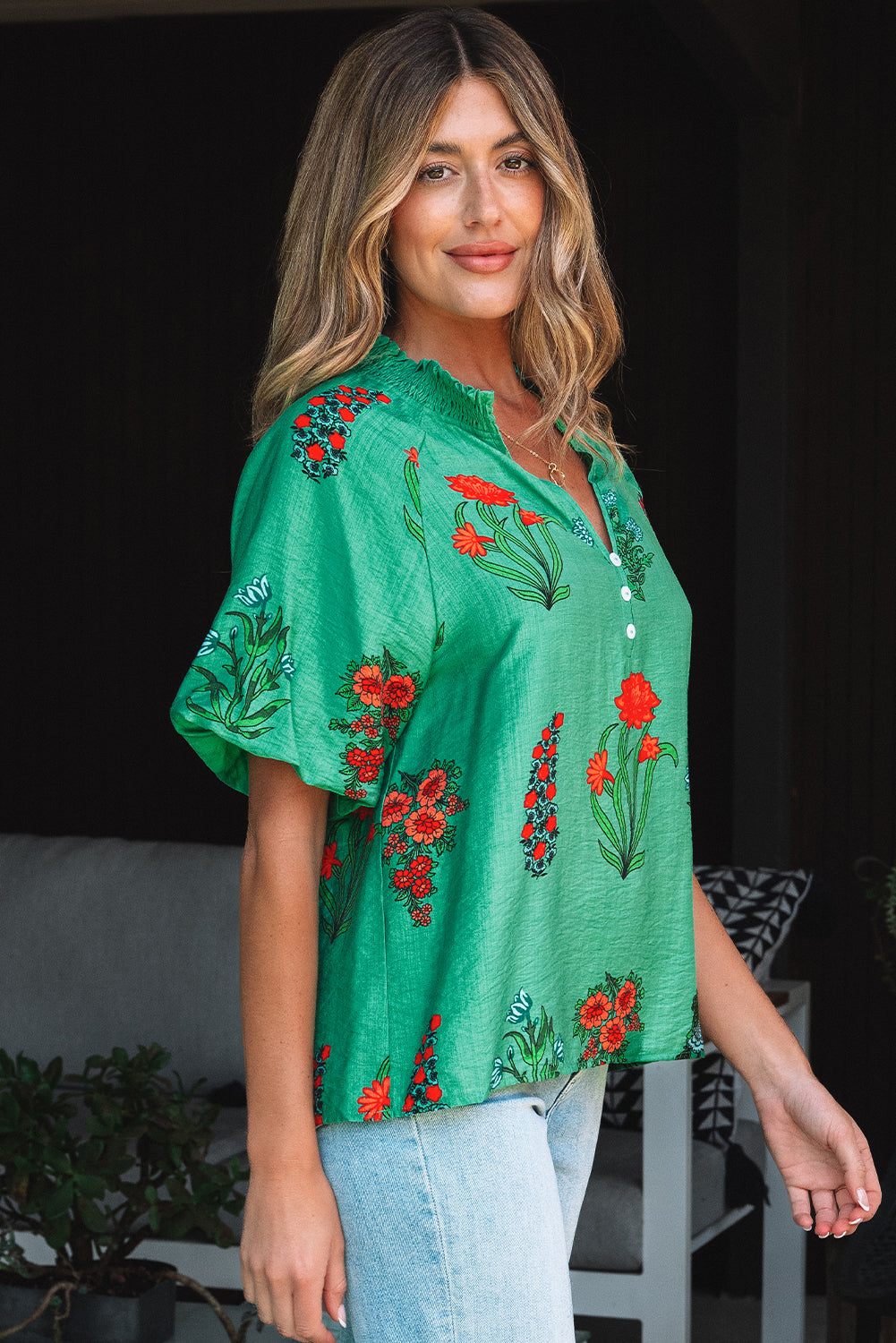 Floral Print Buttoned V Neck Short Sleeve Blouse