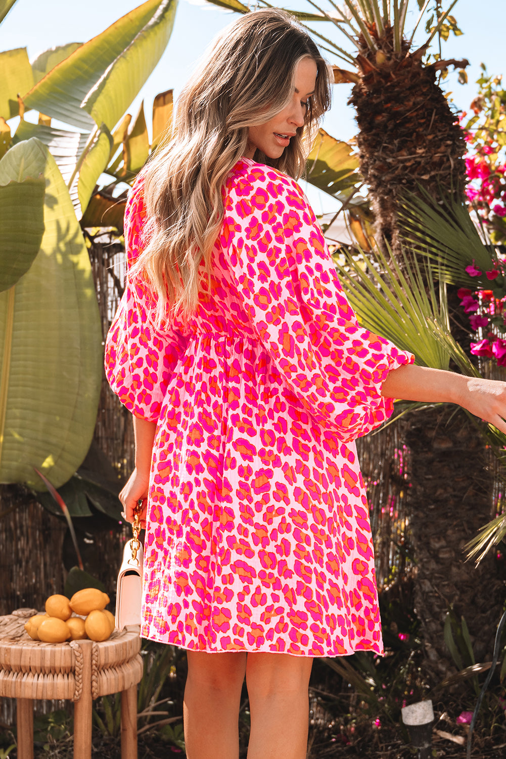 Leopard Print Elasticated V Neck 3/4 Puff Sleeve Dress
