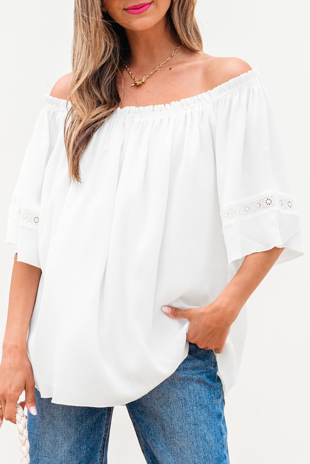 Frilly Off Shoulder Lace Insert Sleeve Textured Blouse