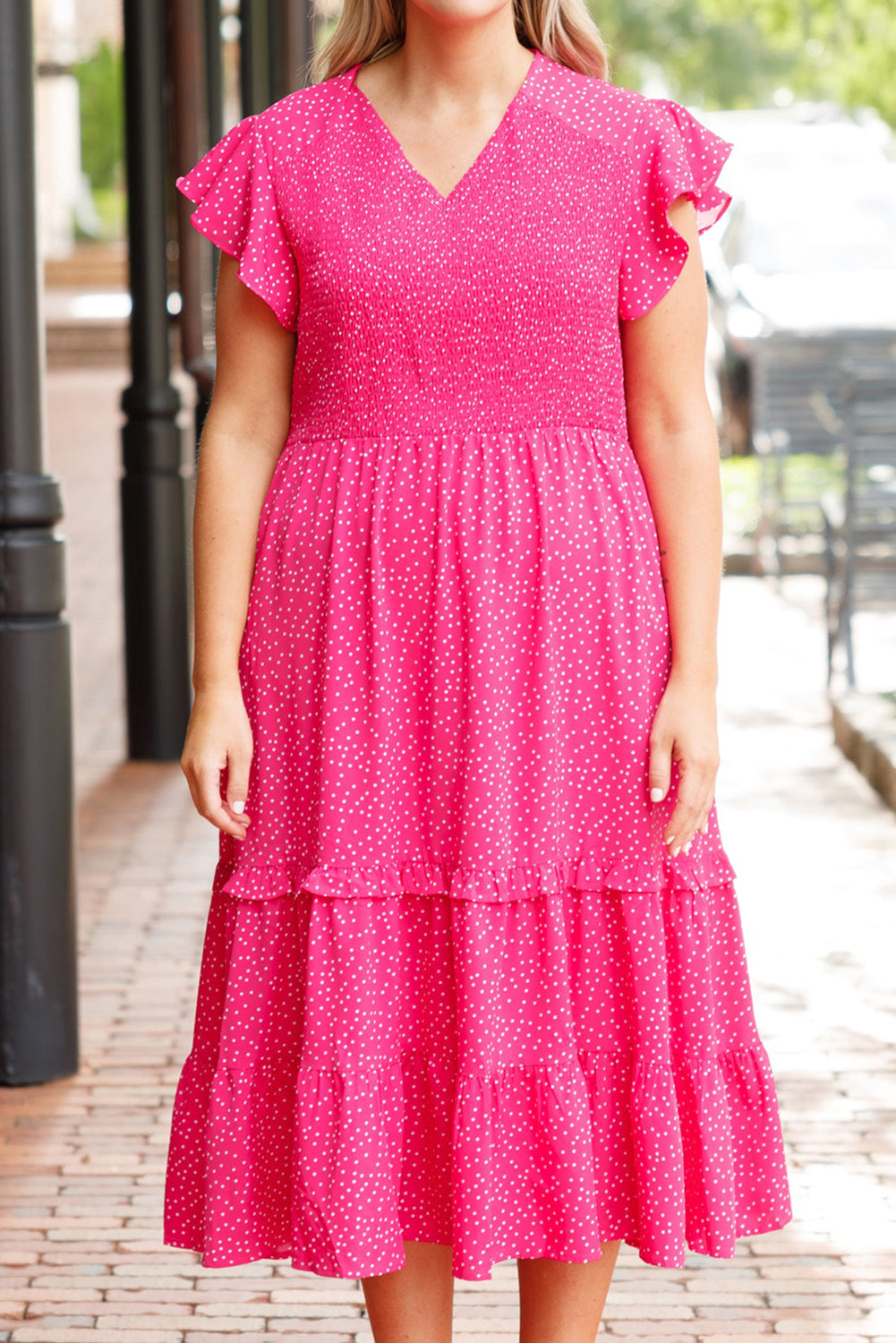 Polka Dot Print Ruffled Smocked High Waist Plus Midi Dress