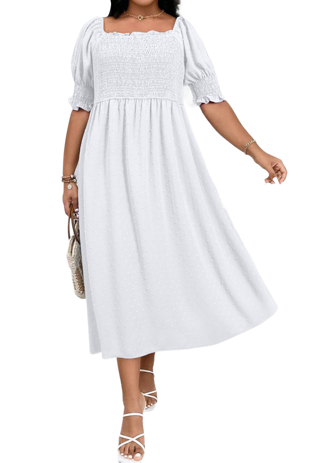 Swiss Dot Smocked Frilled Neckline Short Sleeve Plus Size Dress
