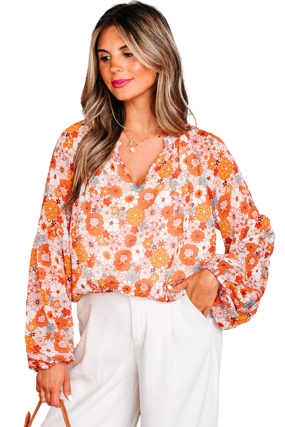 Floral Print V Neck Long Puff Sleeve Top