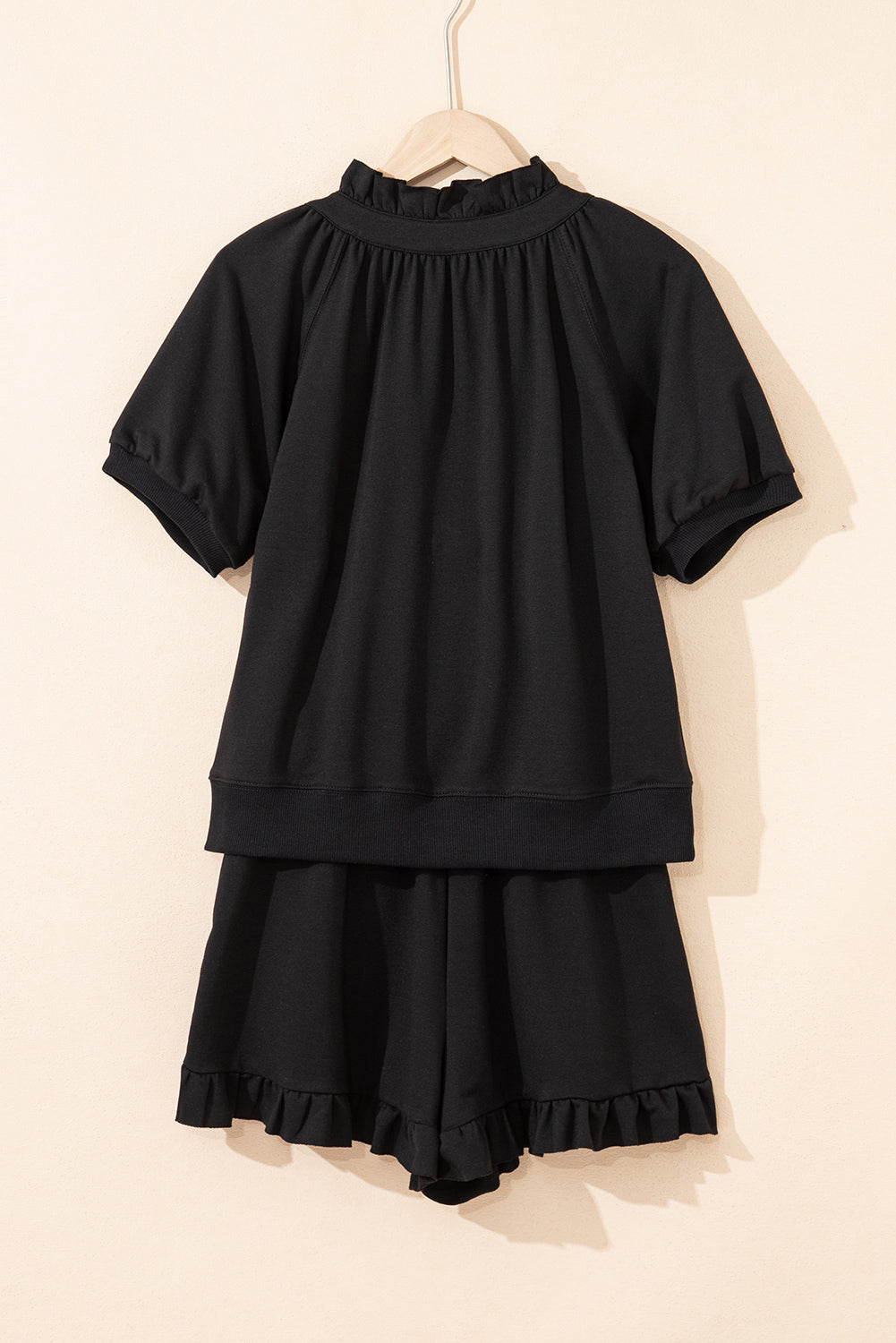 Half Zip Puff Sleeve Top and Ruffled Shorts Set