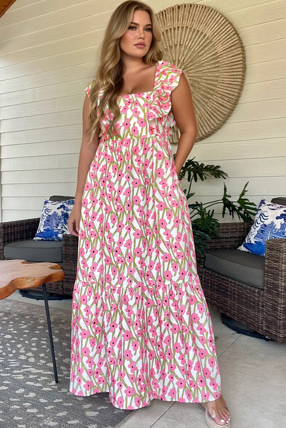 Plus Size Ruffle Trim Square Neck High Waist Floral Maxi Dress