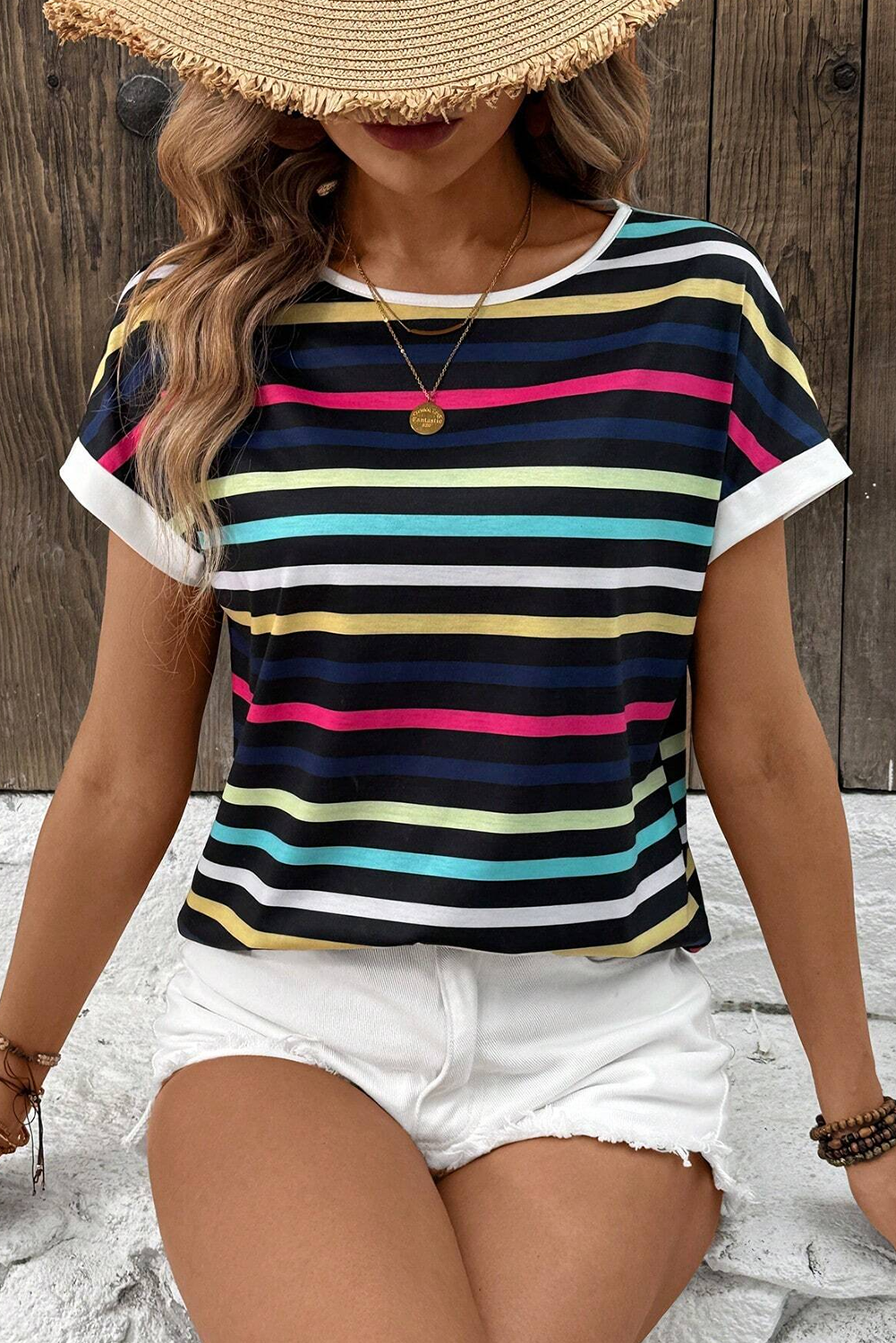 Stripe Multicolor Contrast Edge Crew Neck T Shirt