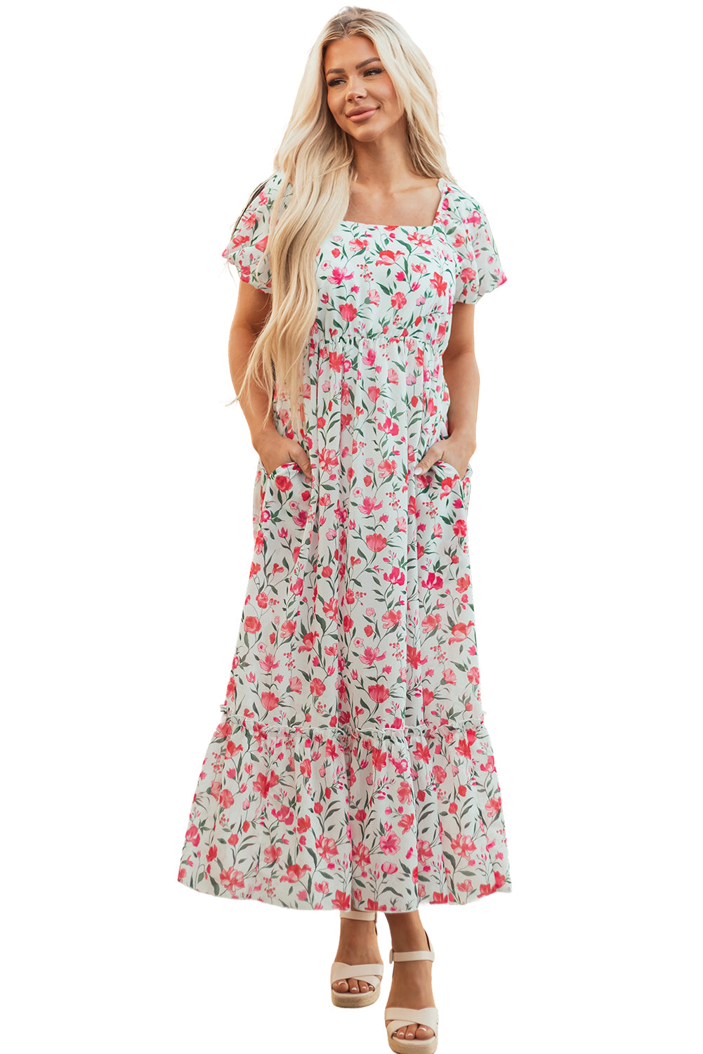 Floral Puff Sleeve Square Neck Empire Waist Tiered Maxi Dress