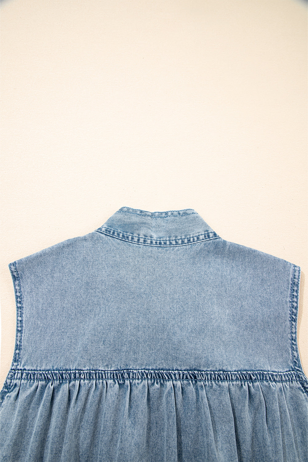 Bowknot Neck Sleeveless Ruffled Chambray Dress