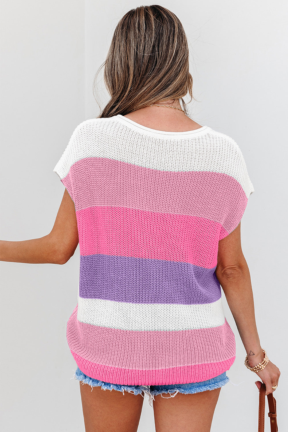 Color Block Notch V Neck Sweater T Shirt