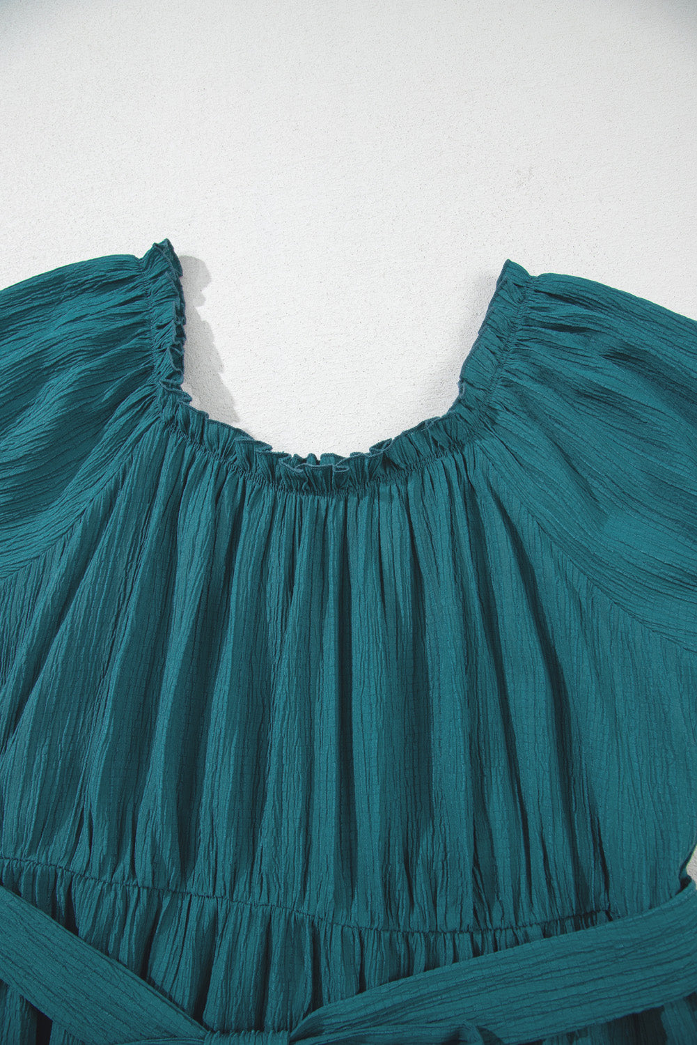 Frilled U Neck Puff Sleeve Belted Ruffle Hem Plus Size Midi Dress